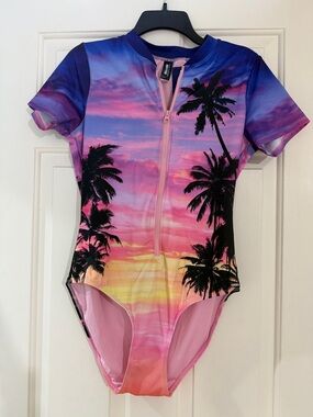 BlackMilk Pink Purple Blue Palm Zip Front Swimsuit